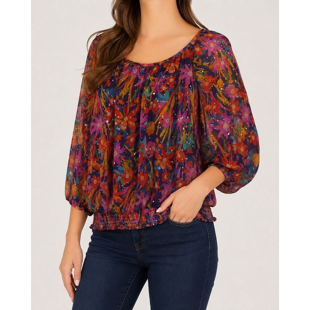 Cathy Daniels Floral Peasant Blouse Size XL Sheer Boho Smocked 3/4 Sleeve Top